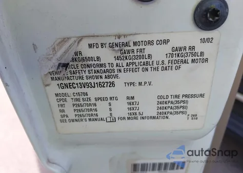 2003 Chevrolet Tahoe Ls z USA, uszkodzony, nr VIN 1GNEC13V93J162726